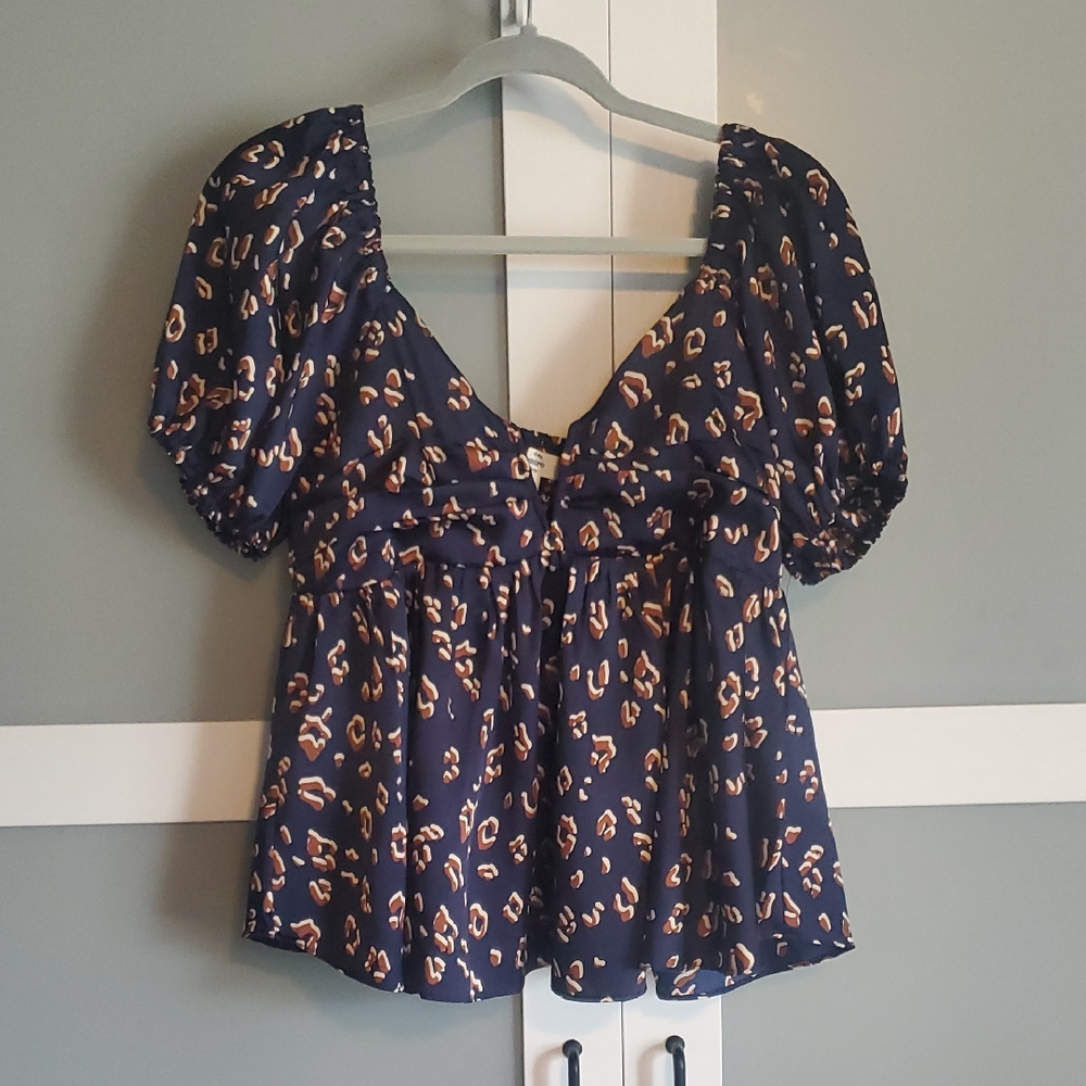 Entro Navy and Tan Leopard Print Blouse